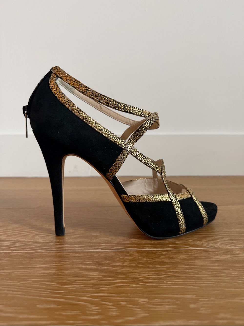 LK Bennett Black Suede Strappy Heel with Gold Accents gently worn
